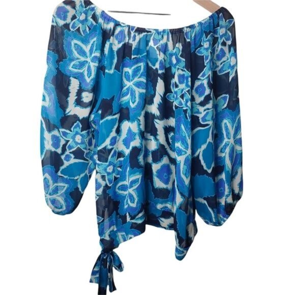 Kokoon Blouse Womens Large Floral Blue Tie-Hem Off-Shoulder Pullover - Picture 3 of 9
